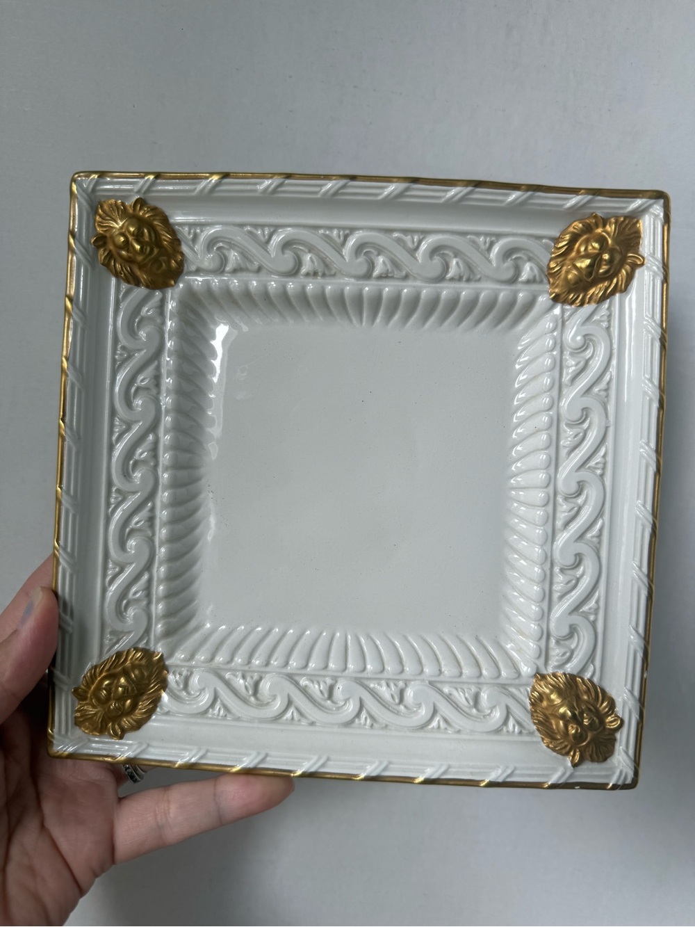 Vintage Italian White & Gold Ceramic Square Tray / Catchall